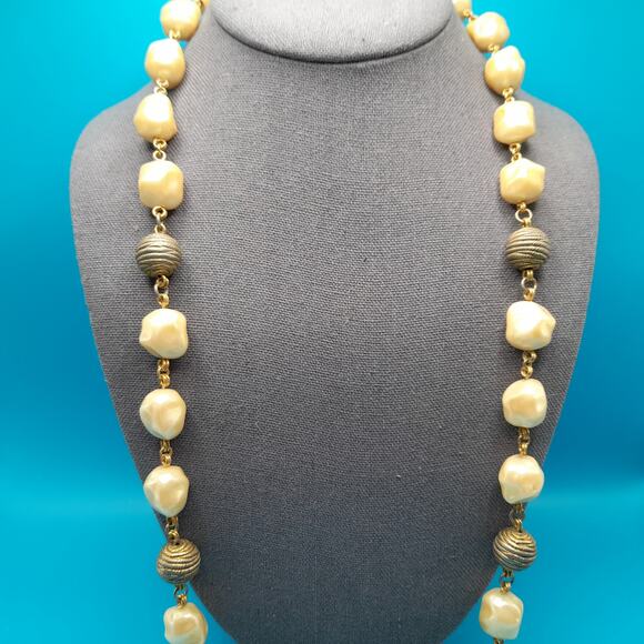 Vintage Wire Wrapped Beaded Necklace, Beige Pearled Gold Rope Beads, 36" - Picture 2 of 12